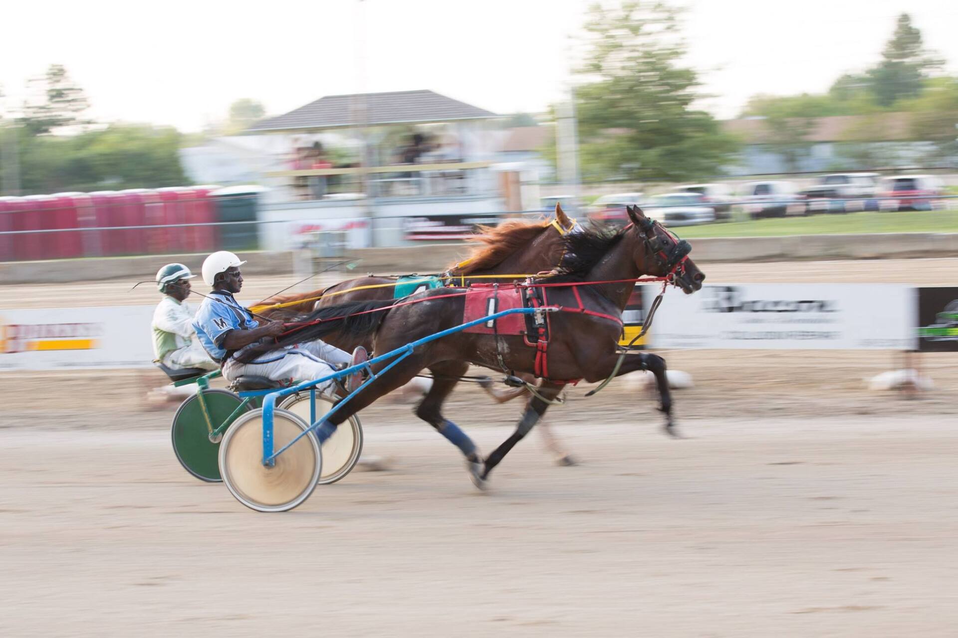 A man is riding a horse drawn carriage on a track.