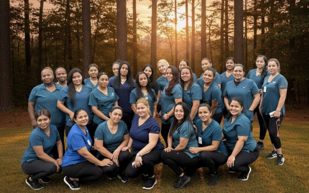 Group of people in blue shirts posing outdoors at sunset in a wooded area.