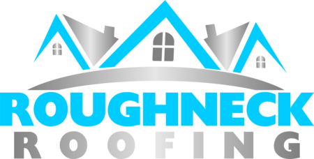 Logo for Roughneck Roofing: Blue and gray house roof icons above text, blue "ROUGHNECK" and gray "ROOFING".