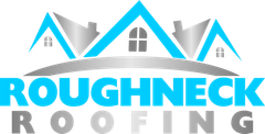 Logo for Roughneck Roofing: Blue and gray house roof icons above text, blue "ROUGHNECK" and gray "ROOFING".