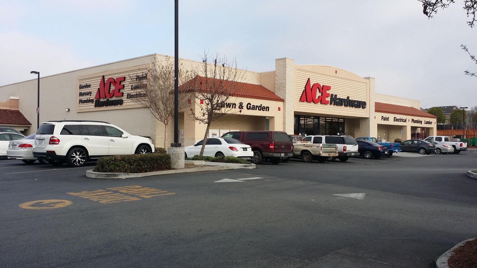 An Ace Hardware store exterior with parked cars in front of the building on a cloudy day.