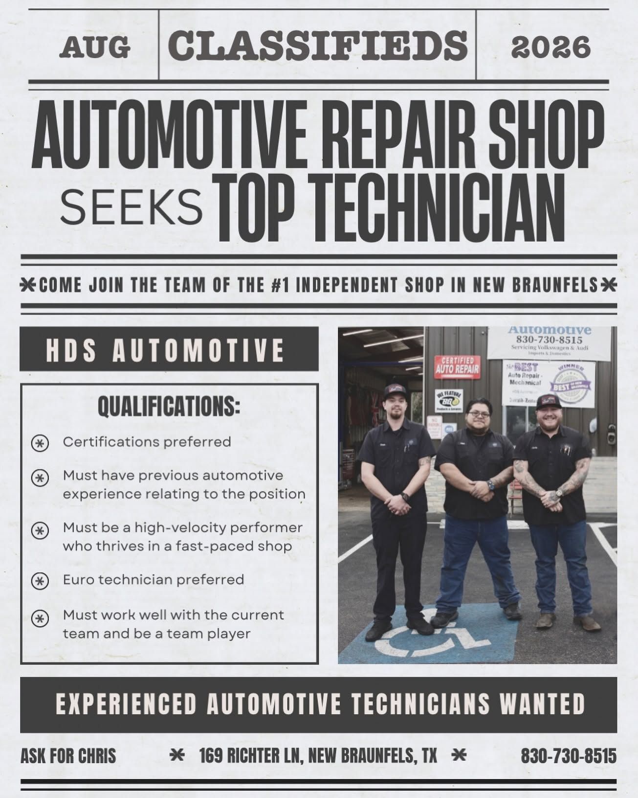 Auto shop classified ad seeking top technician, with team photo and qualifications list