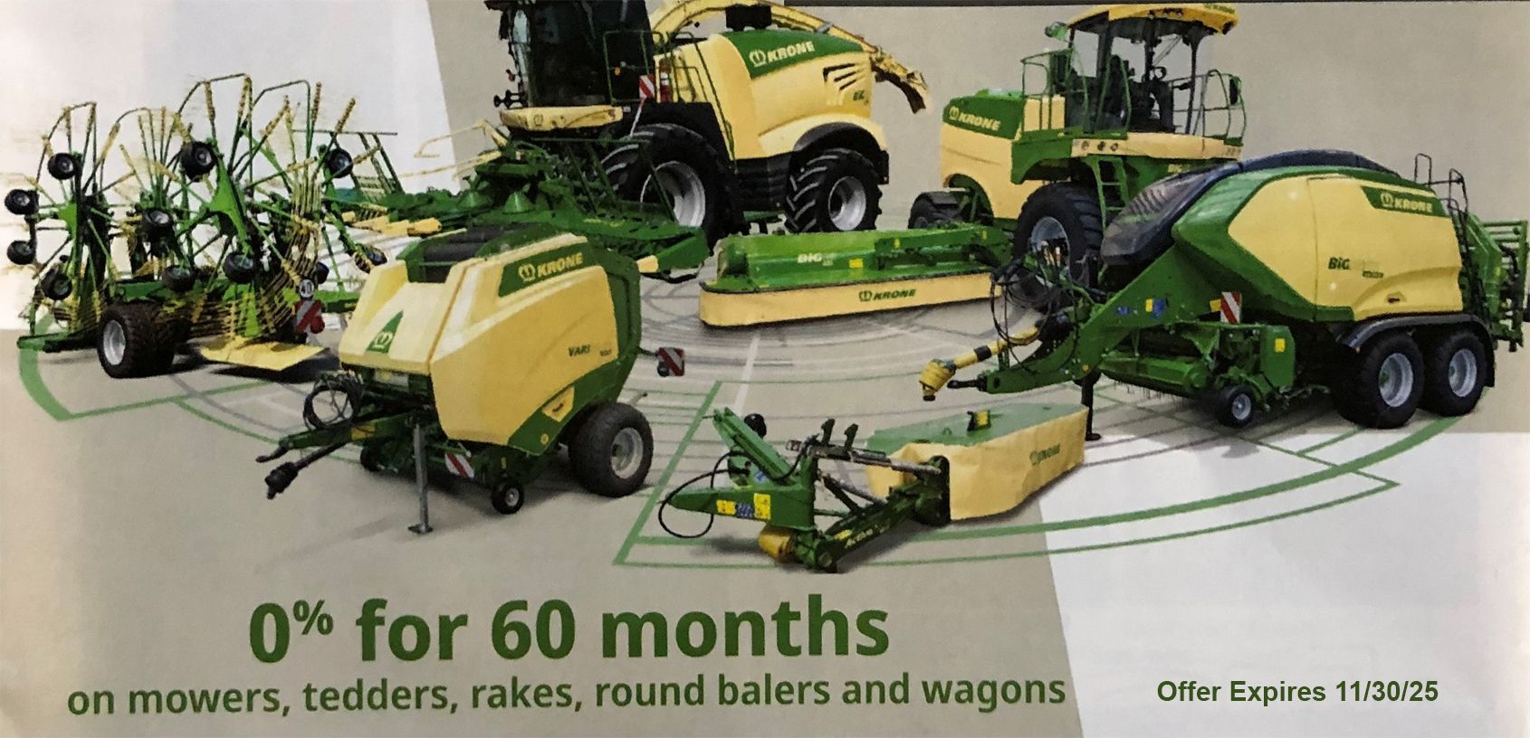 Agricultural machinery advertisement: 0% financing for 60 months on mowers, tedders, rakes, balers, and wagons.