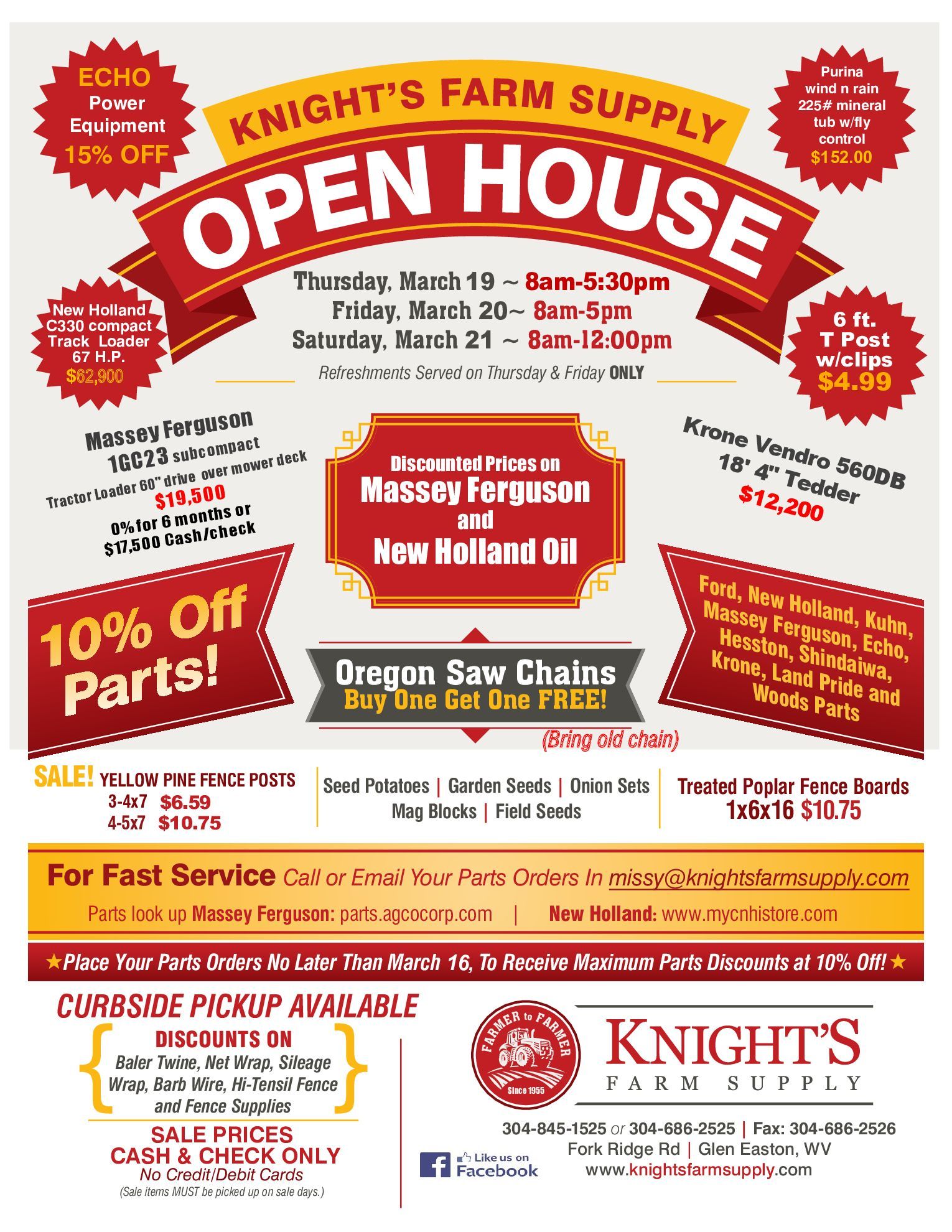Open house flyer: Knight's Farm Supply. Includes product discounts on parts and chains, and mentions Massey Ferguson and New Holland.