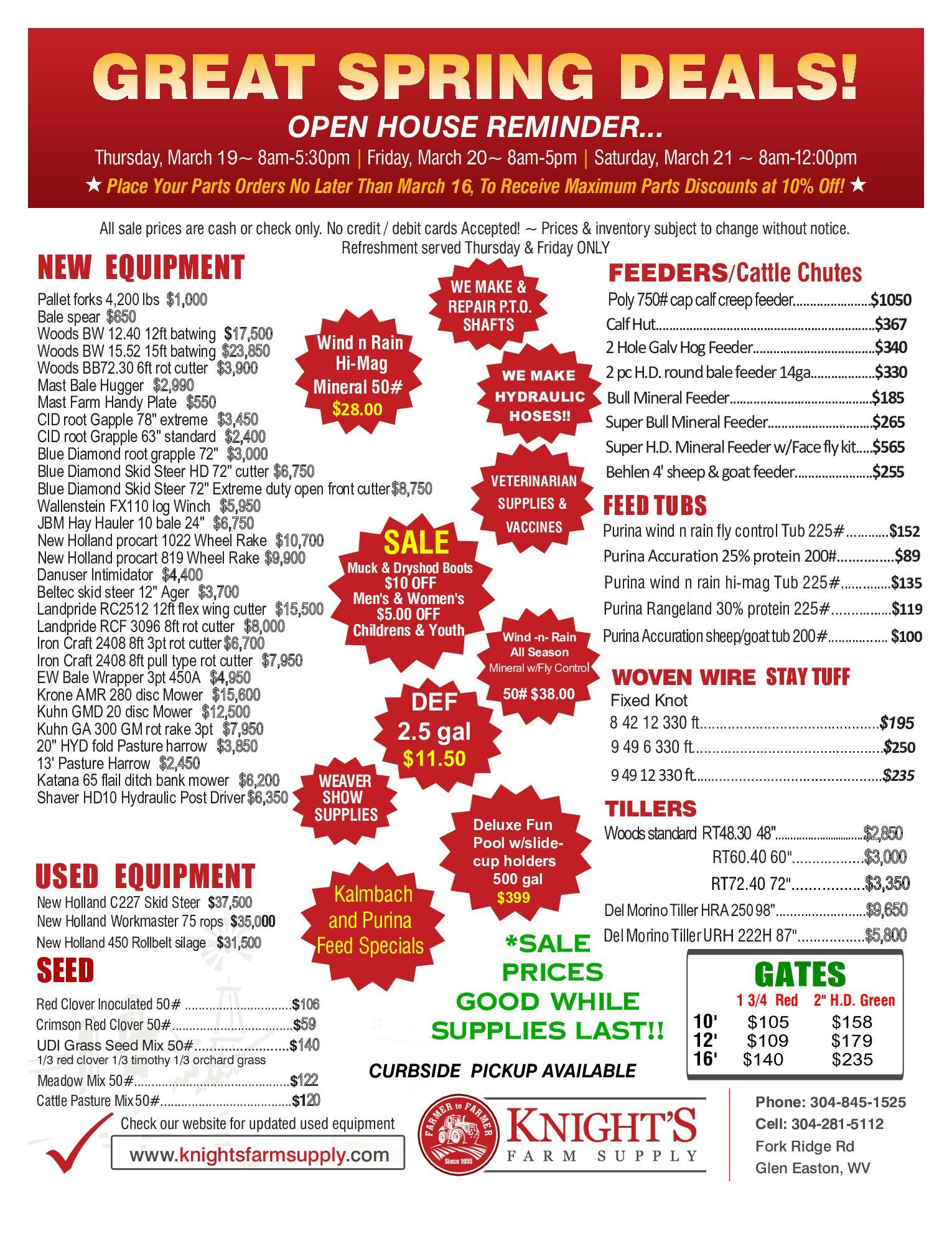 Promotional flyer with spring equipment deals. Text includes prices, a sale logo, and the Knights Farm Supply logo.