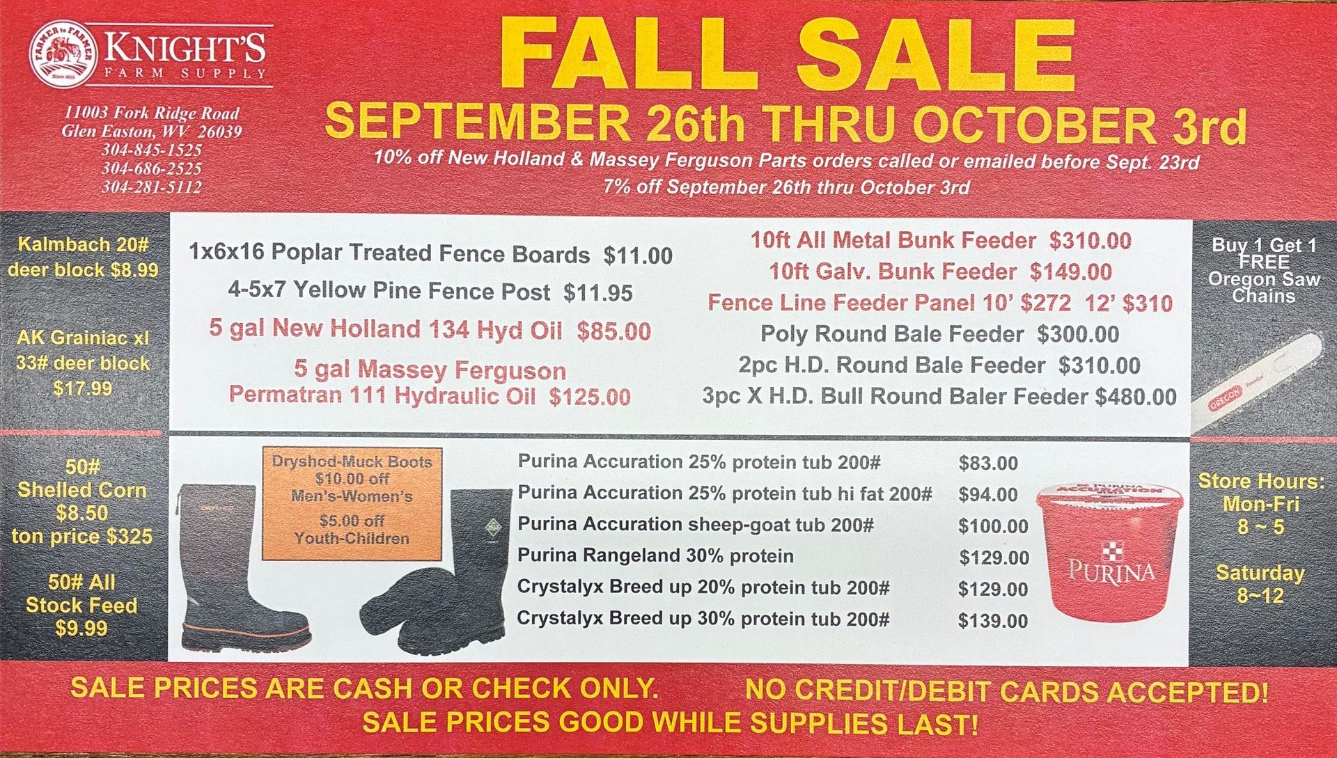 Fall sale flyer in red and gold with dates, prices, boots, and farming gear ads.