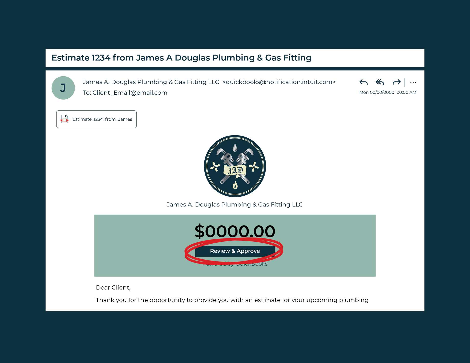 Email screenshot with a logo, and amount $0000.00 in a box. Text: