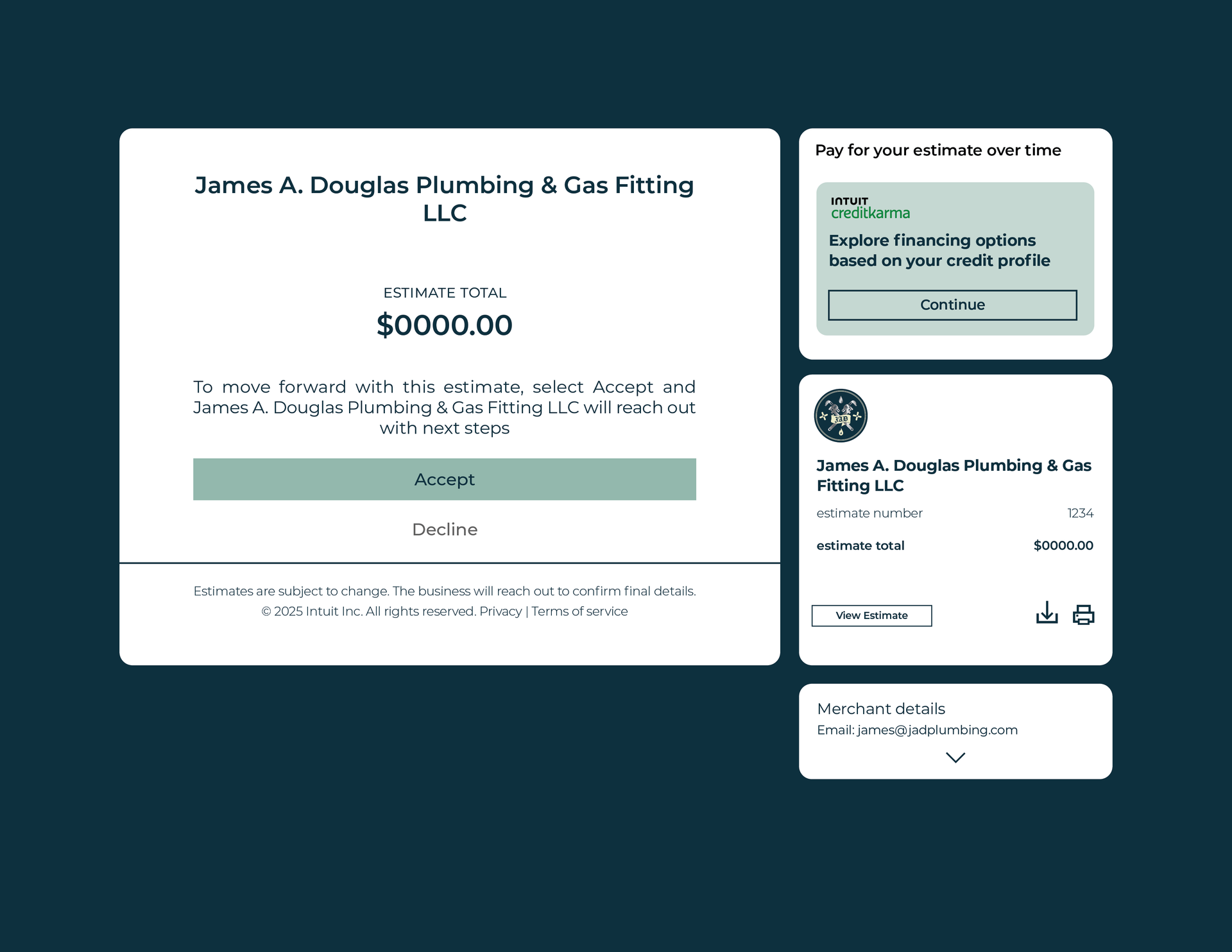 Invoice acceptance for James A. Douglas Plumbing & Gas Fitting LLC; total: $6000.00. Includes an