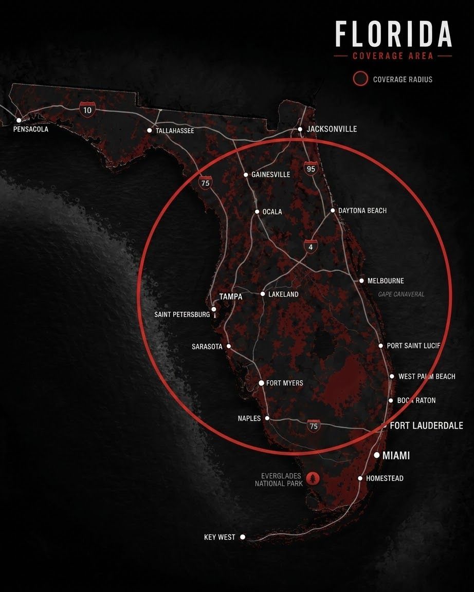 Dark Florida map graphic with red circles and labels highlighting locations and routes