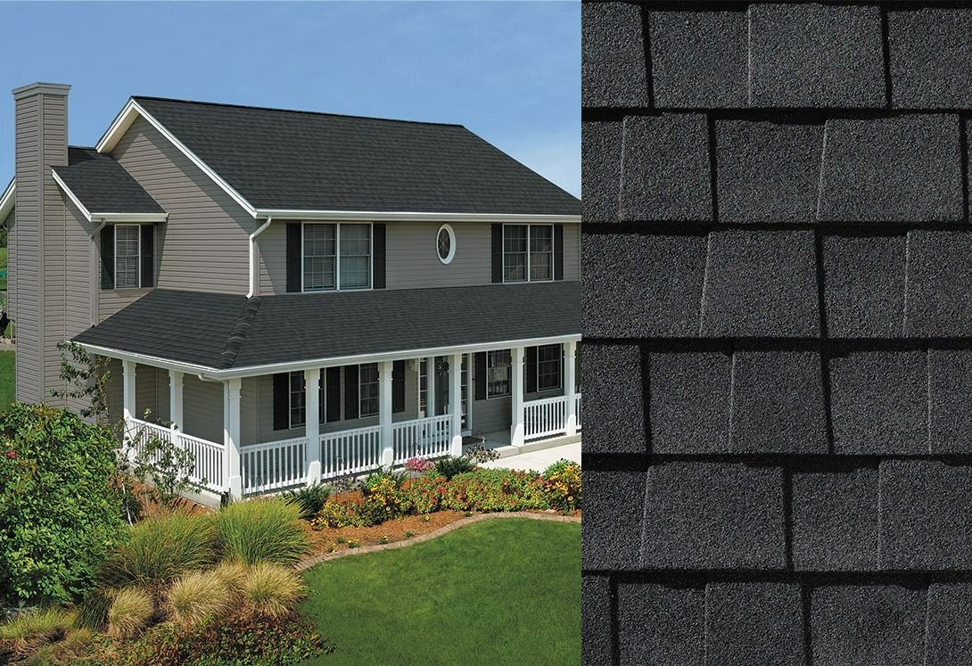House with gray shingled roof and white porch, shown beside a close-up of black roof shingles.
