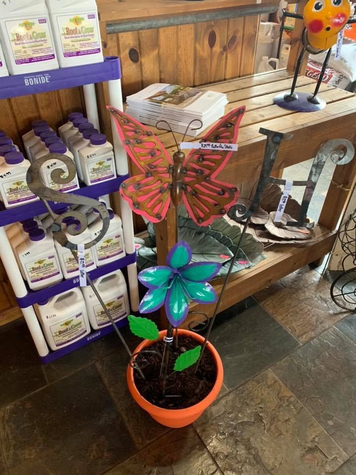 A potted plant with a butterfly on top of it in a store.