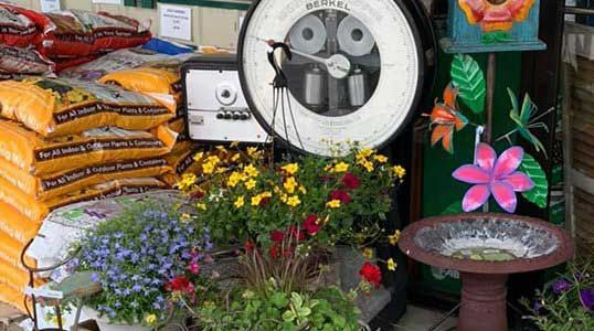 A bird bath is sitting next to a scale in a garden center.