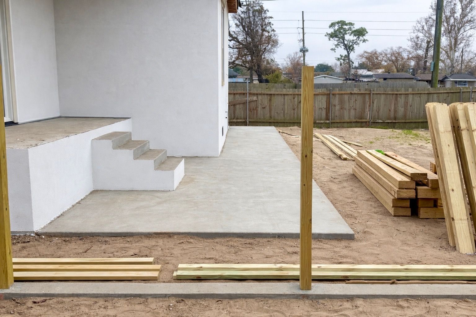 Construction site: concrete patio with steps, lumber, wooden posts. Backyard view.