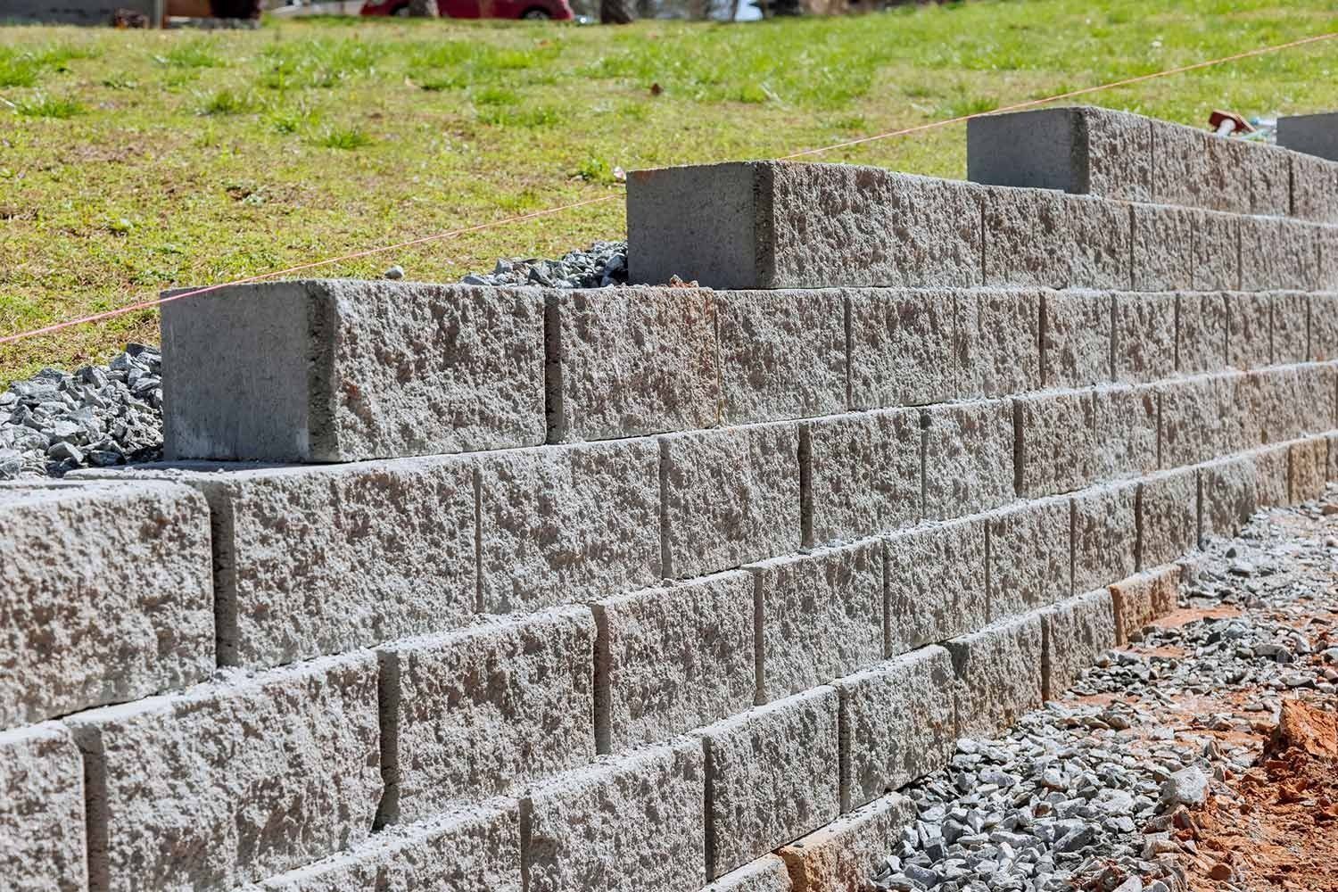 Retaining wall under construction with gray concrete blocks, set in a terraced arrangement.