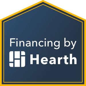 Financing by Hearth logo in a dark blue house outline with gold border and white text