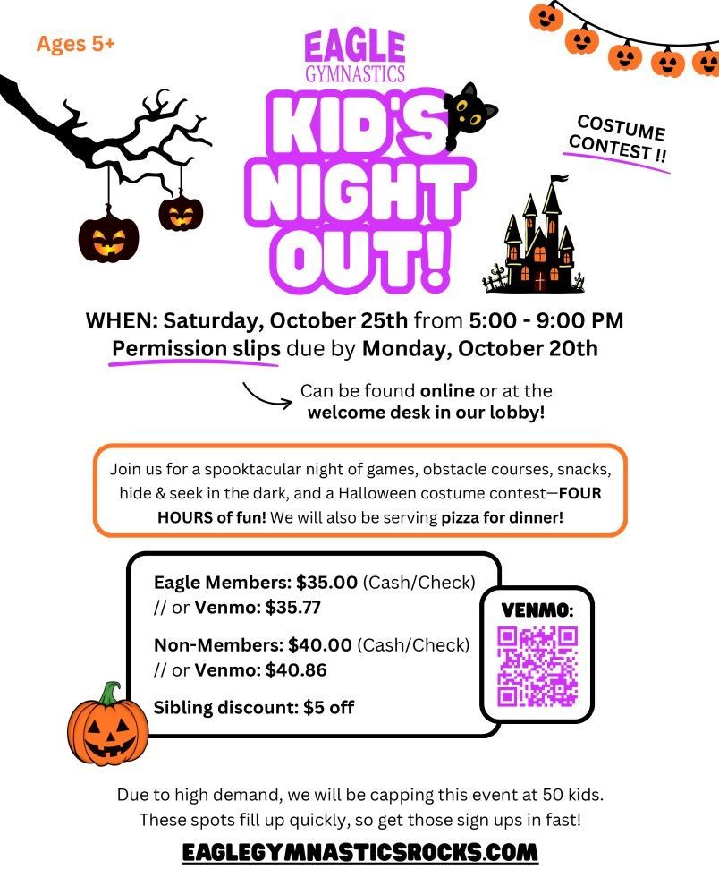 A flyer for a Halloween themed kids night out at eagle gymnastics.