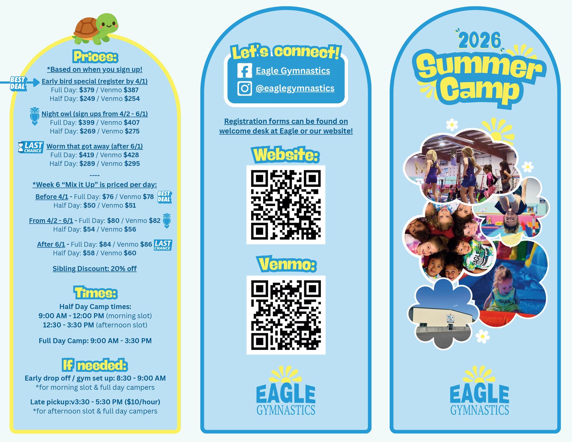 A light blue flyer for 2026 Eagle Gymnastics Summer Camp featuring pricing, camp themes, and QR codes for their website/Venmo.