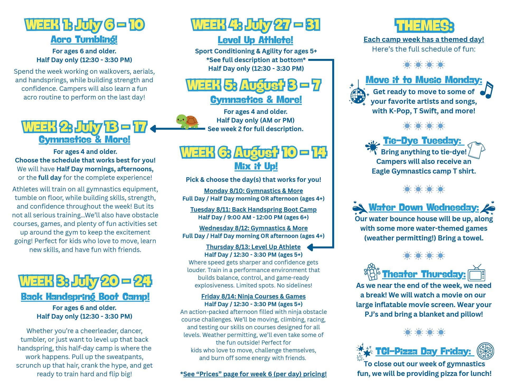Flyer for a 6-week summer day camp, listing themes, age requirements, and daily activities for each week.