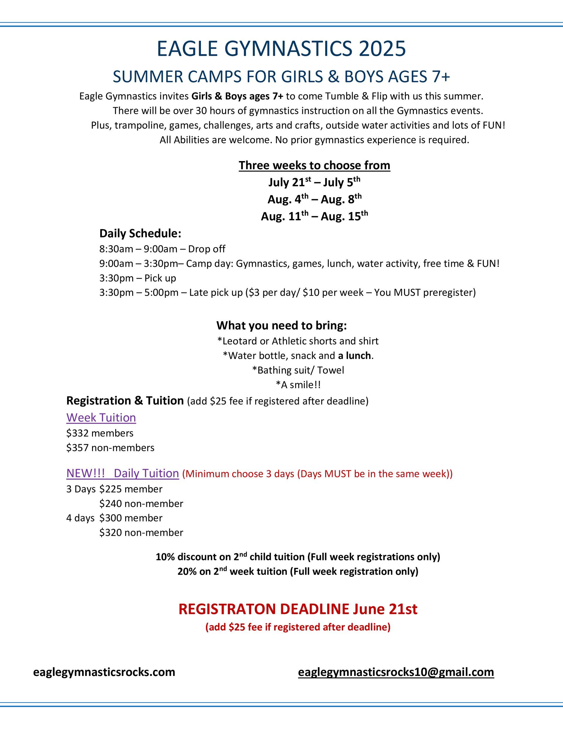A flyer for eagle gymnastics 2025 summer camps for girls and boys