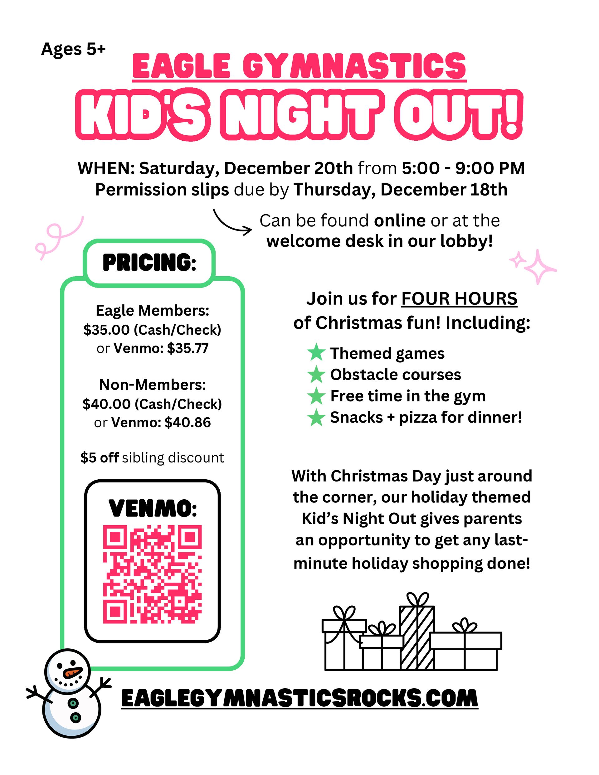 Kid's Night Out flyer for Eagle Gymnastics. Includes pricing, Venmo QR code, and event details.