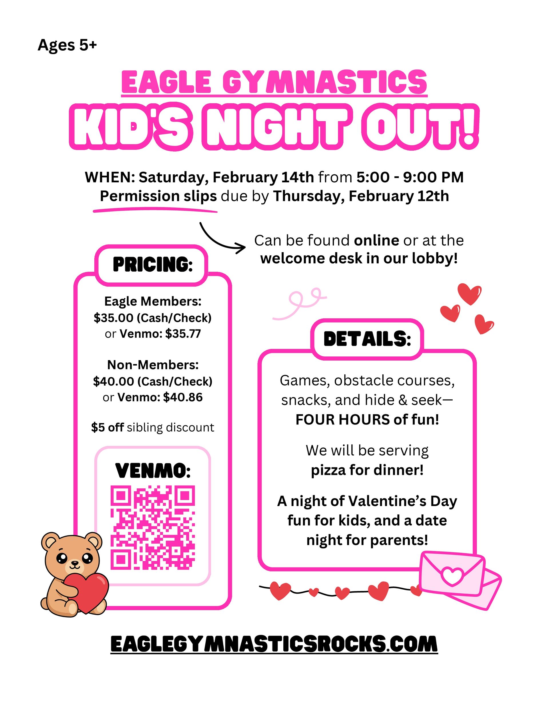 Flyer for Eagle Gymnastics Kid's Night Out February 14th, 6-9 PM, ages 5+, includes pricing, details, and how to pay.