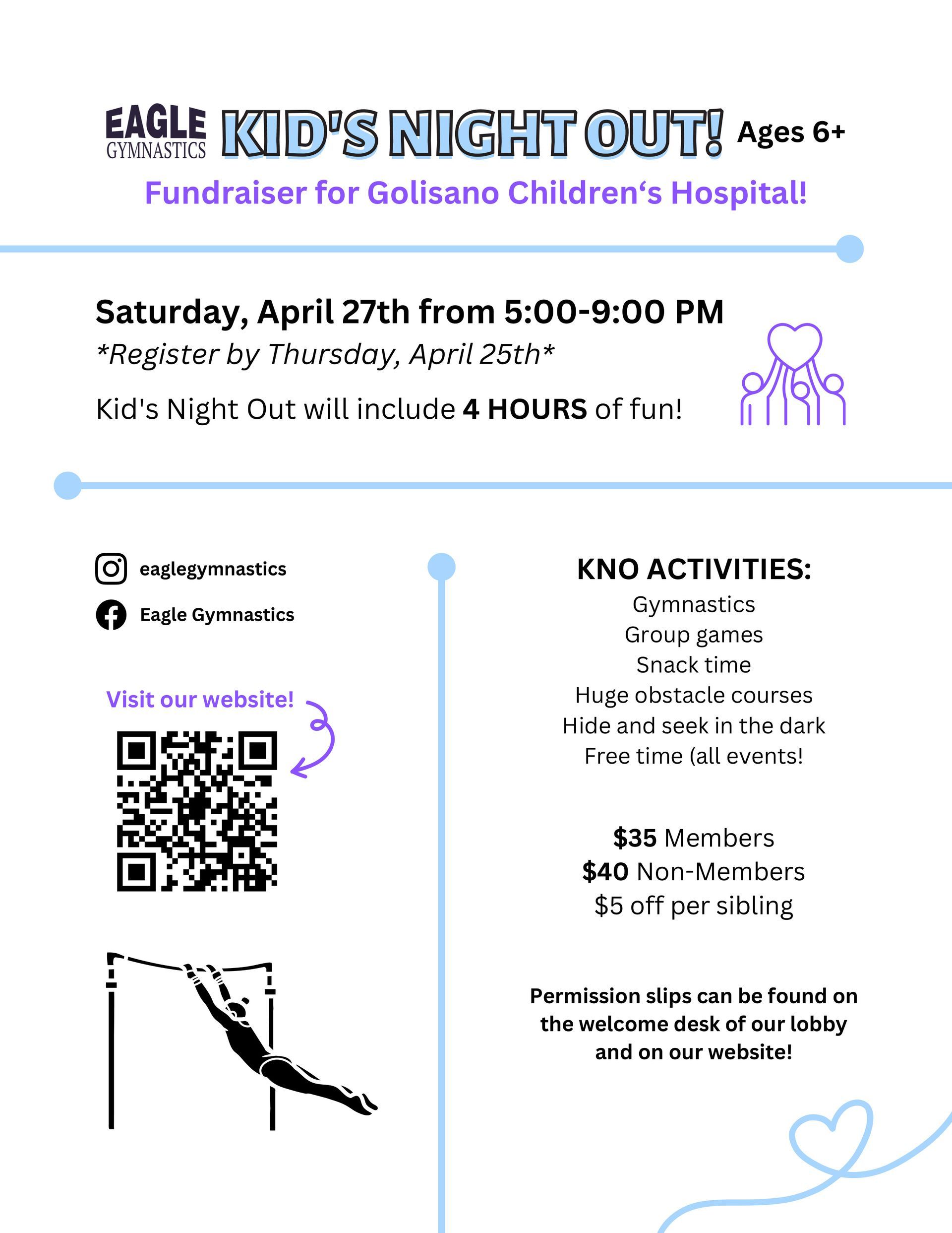 A poster for Eagle kid's Night Out, a fundraiser for Golisano Children's Hospital.