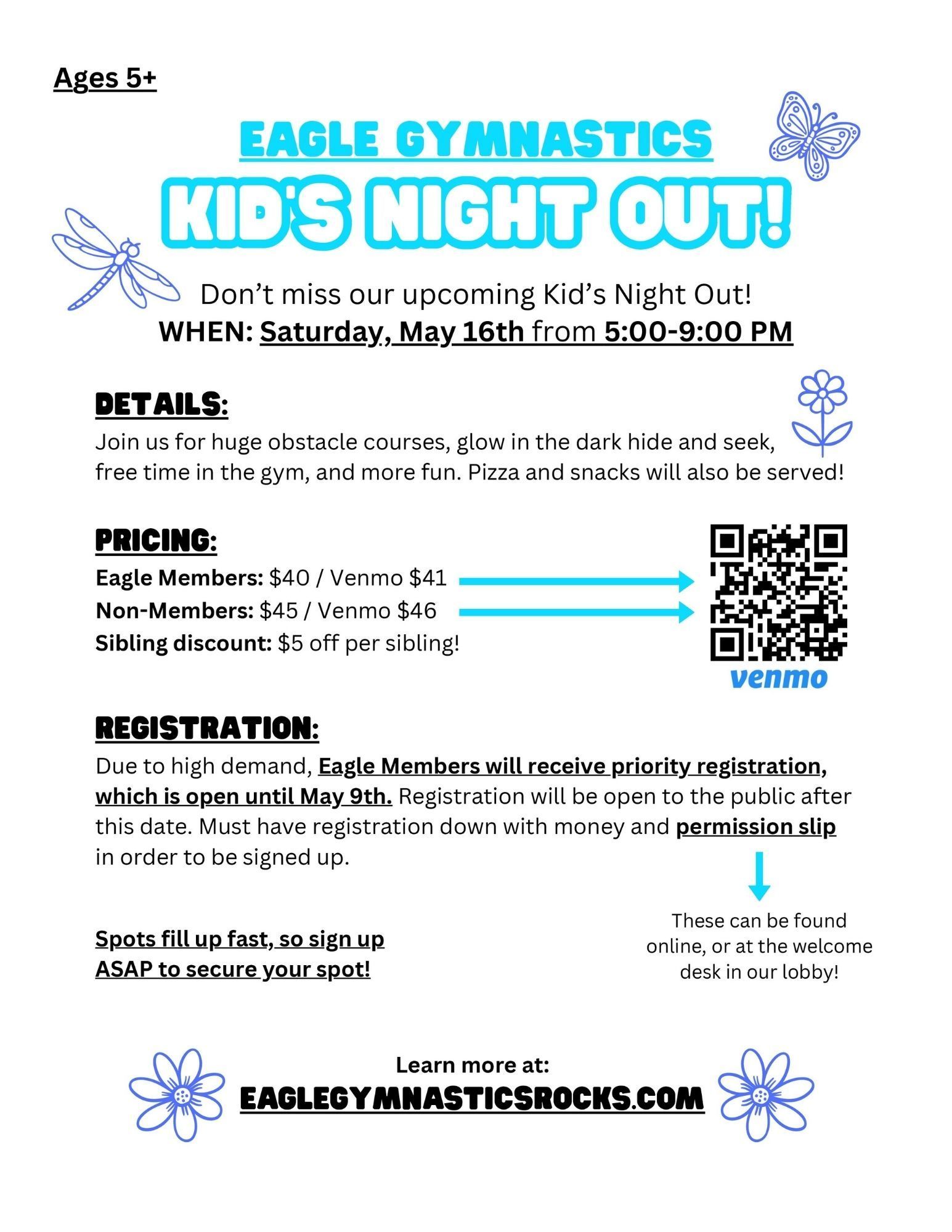 Flyer for Eagle Gymnastics Kid's Night Out on May 16th 