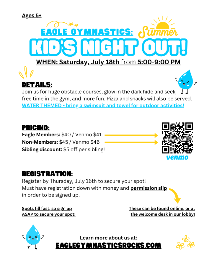 Flyer for Eagle Gymnastics Kid's Night Out on May 16th 