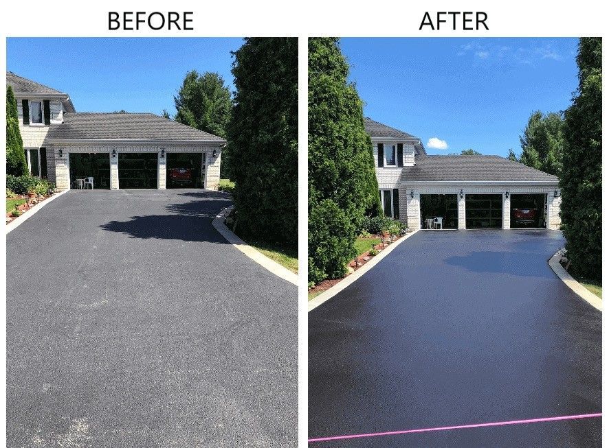 A side-by-side comparison of a gray, weathered driveway before and after a fresh, dark black asphalt sealant application.
