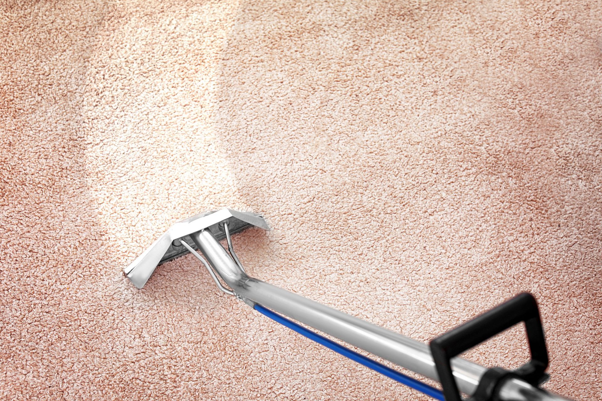 Carpet being cleaned with a carpet cleaning machine; beige carpet, silver machine.