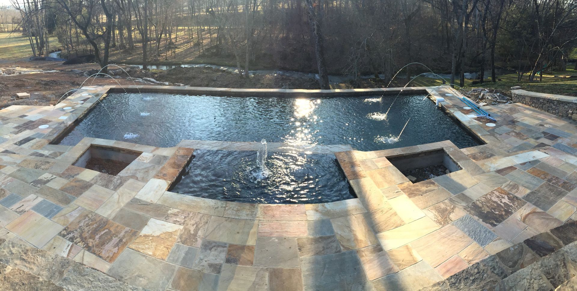 Rectangular backyard pool with blue water, stone deck, and bare trees in the background
