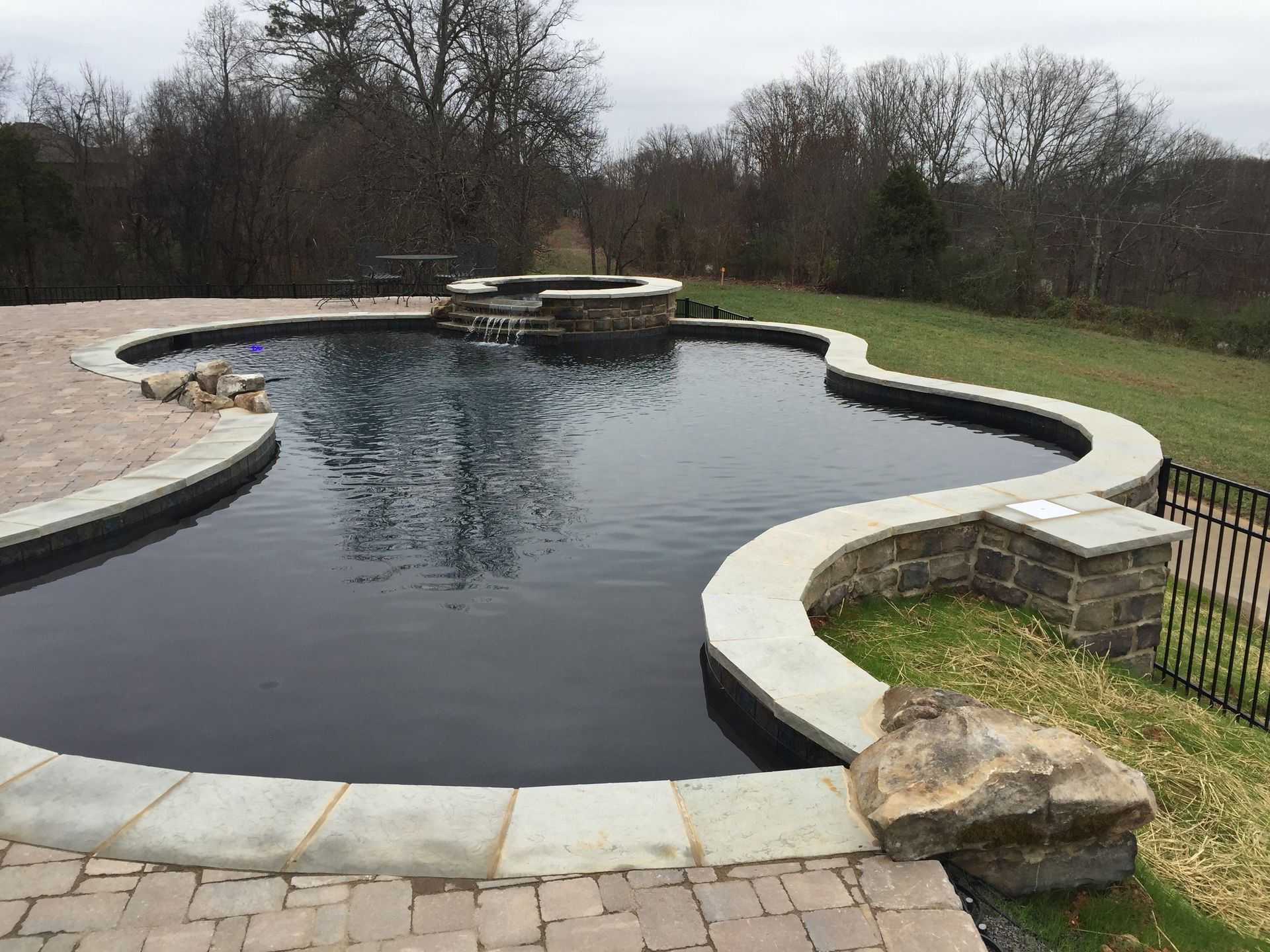 Backyard swimming pool with curved stone edge, dark water, and trees in the background