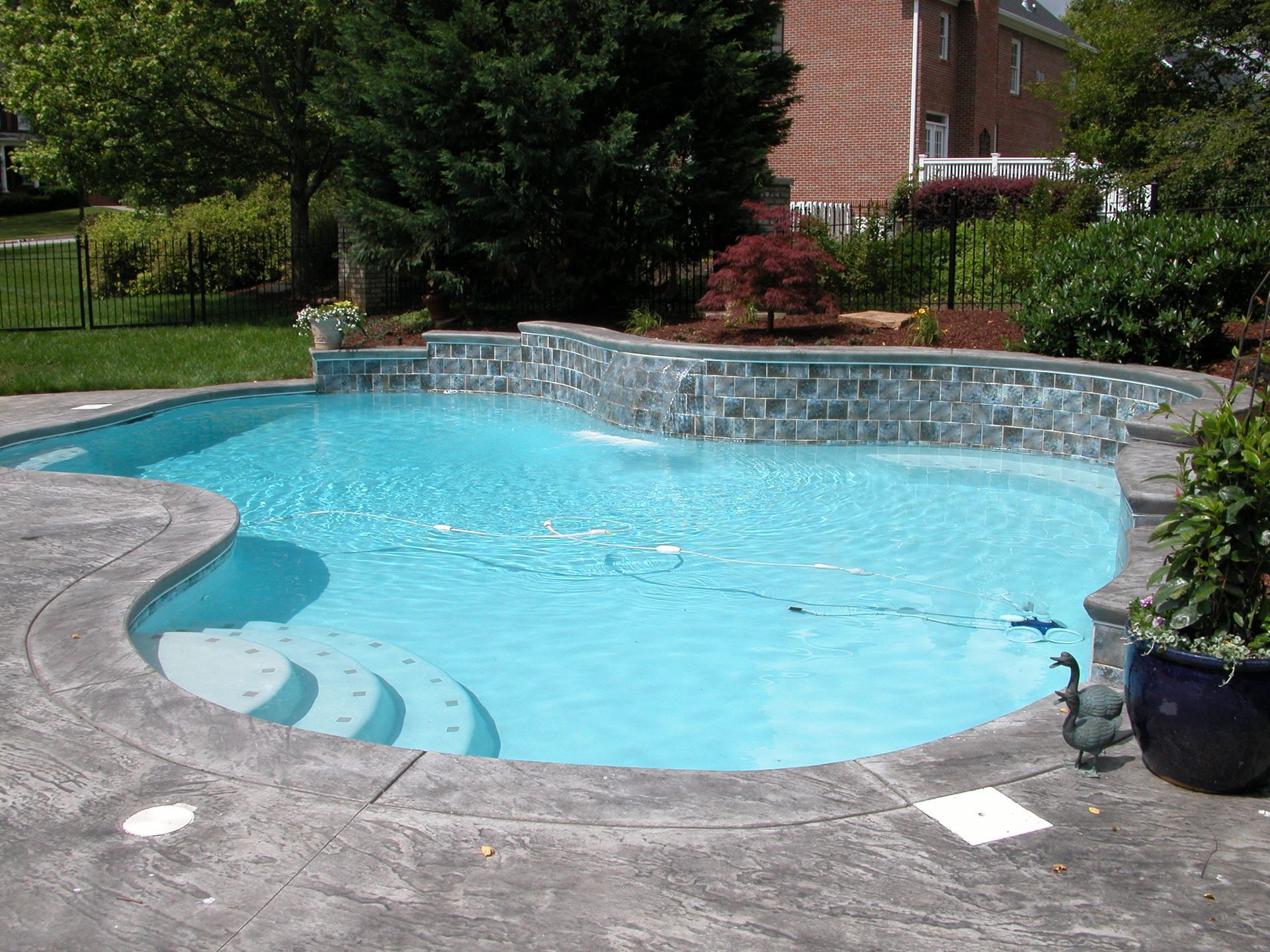 Backyard swimming pool with curved stone deck, blue water, and surrounding greenery