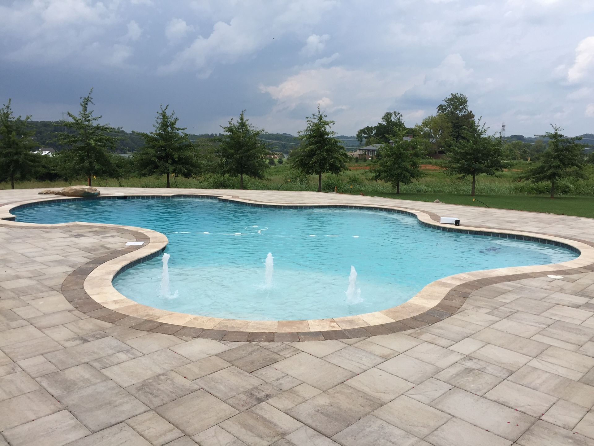 Curved outdoor swimming pool with clear blue water and stone deck beside grassy trees under cloudy sky