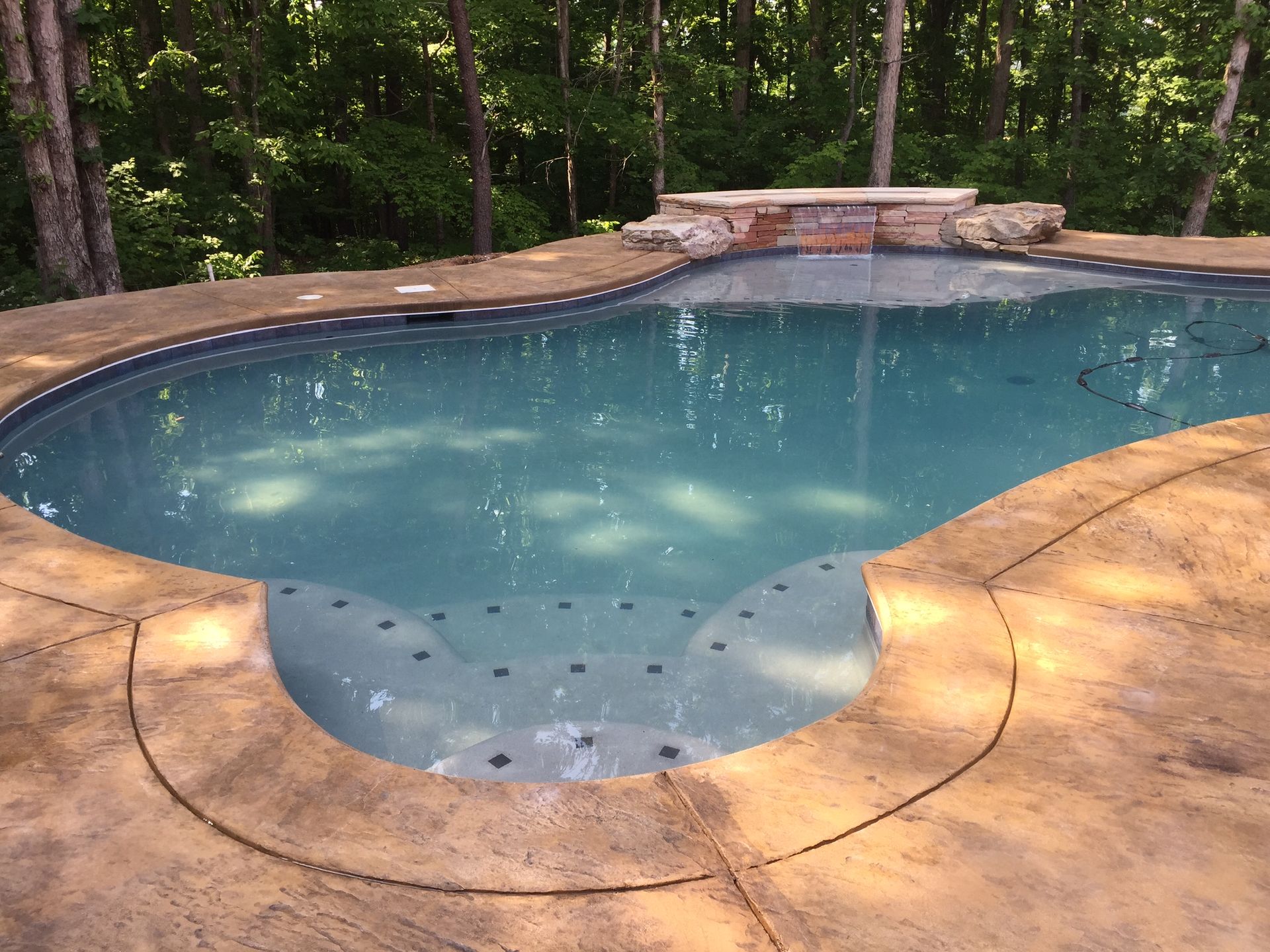 Curved backyard swimming pool with clear blue water, tan stone deck, and wooded trees in the background
