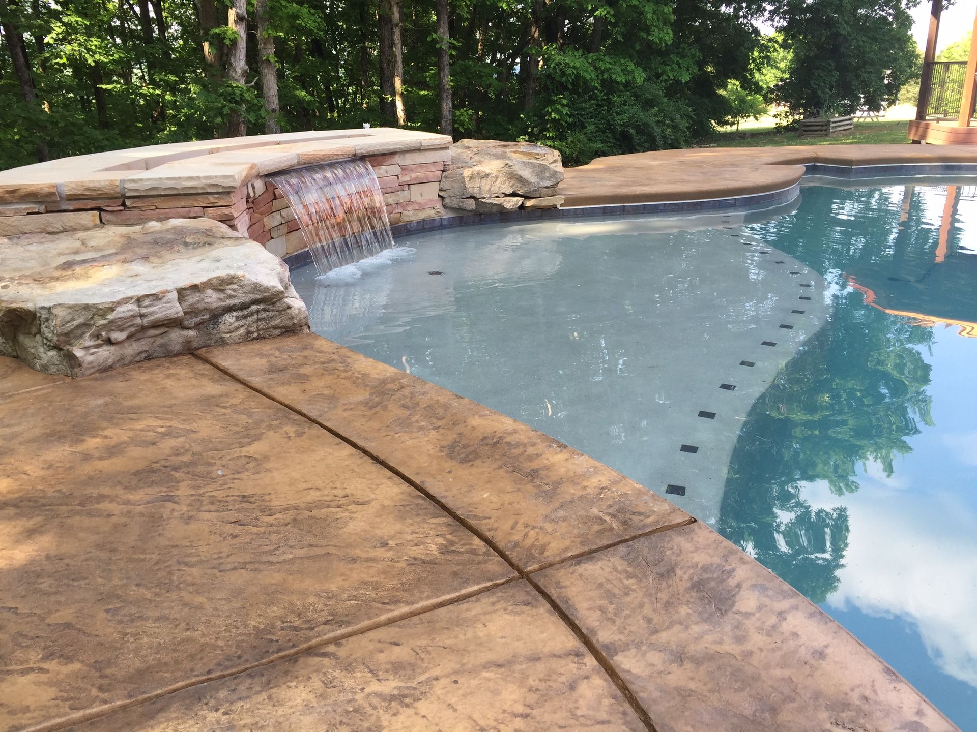 Curved backyard pool with stone coping and a tan concrete deck, reflecting trees nearby
