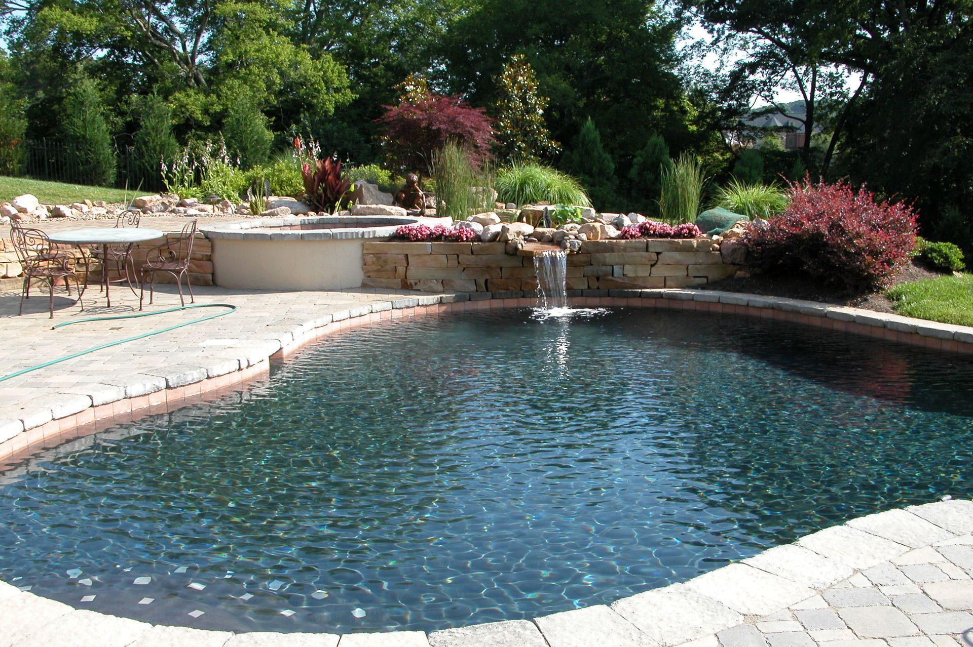 Curved backyard pool with blue water, stone coping, and lush landscaping in bright sunlight