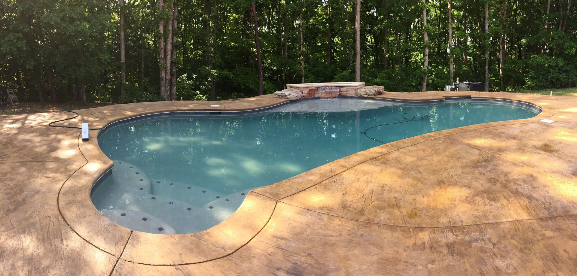 Empty backyard swimming pool with blue water, tan pool deck, and trees in the background