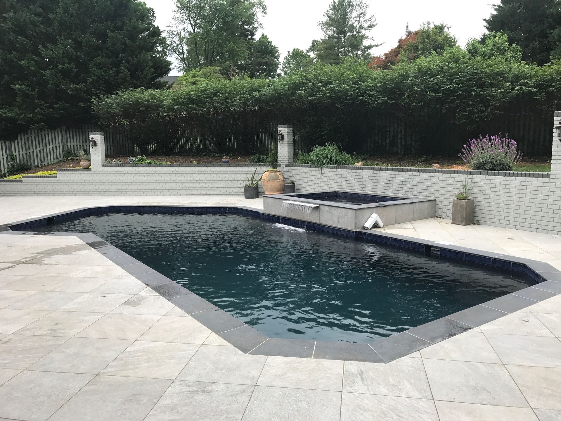 Backyard swimming pool with dark blue water, light stone deck, and surrounding hedges and trees