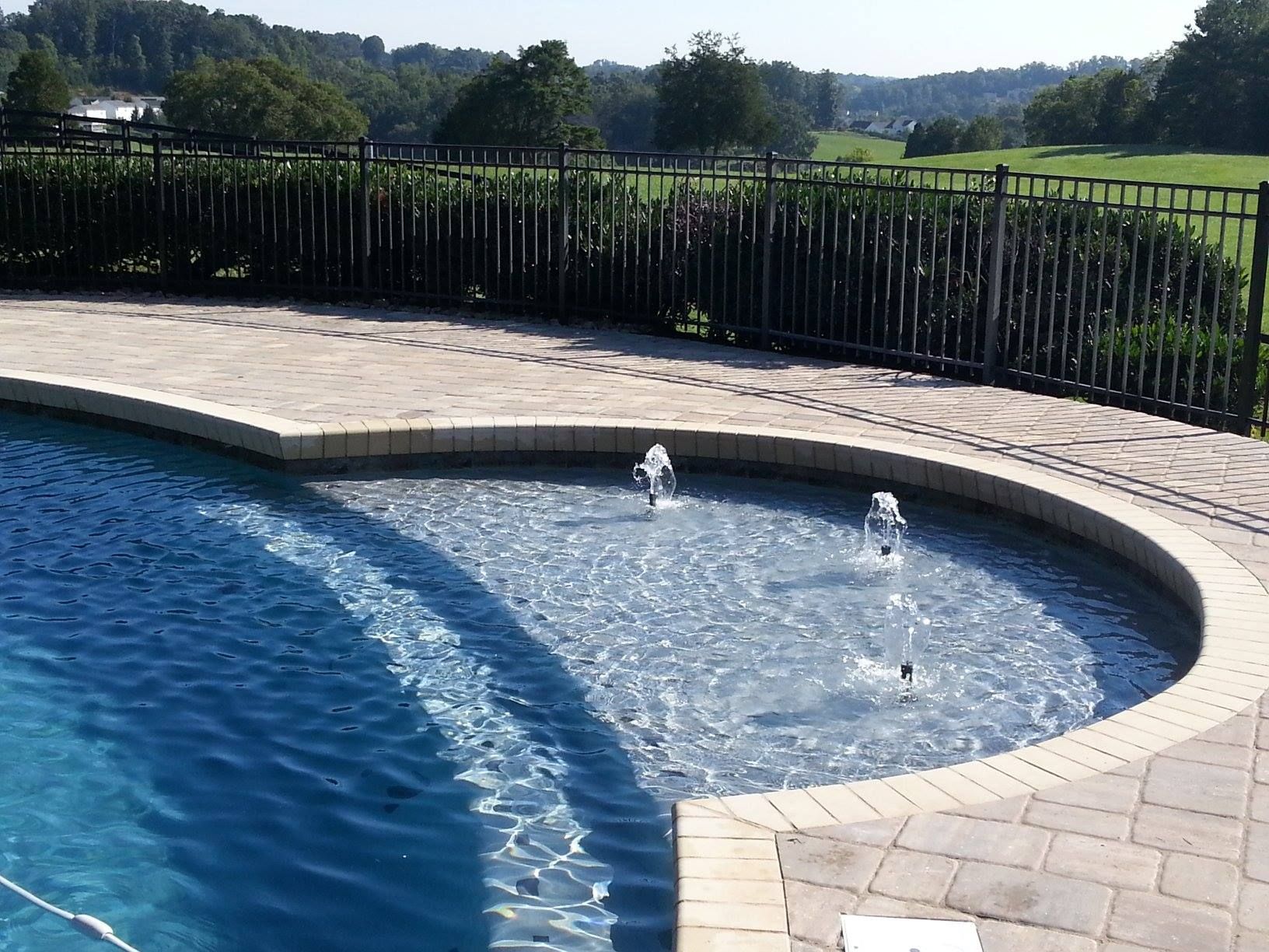 Curved backyard pool with blue water, light stone deck, and black fence overlooking a green landscape