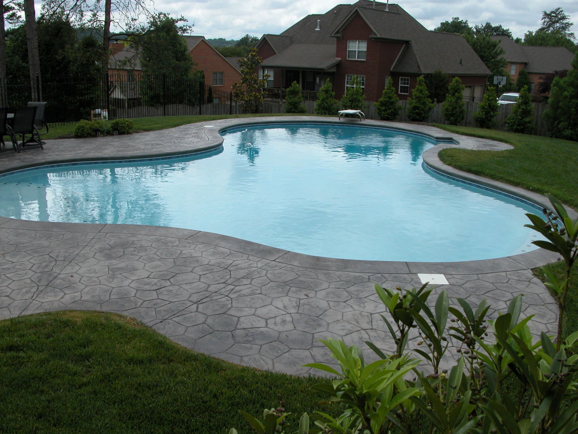 Curved backyard swimming pool with light blue water, stone deck, and houses in the background