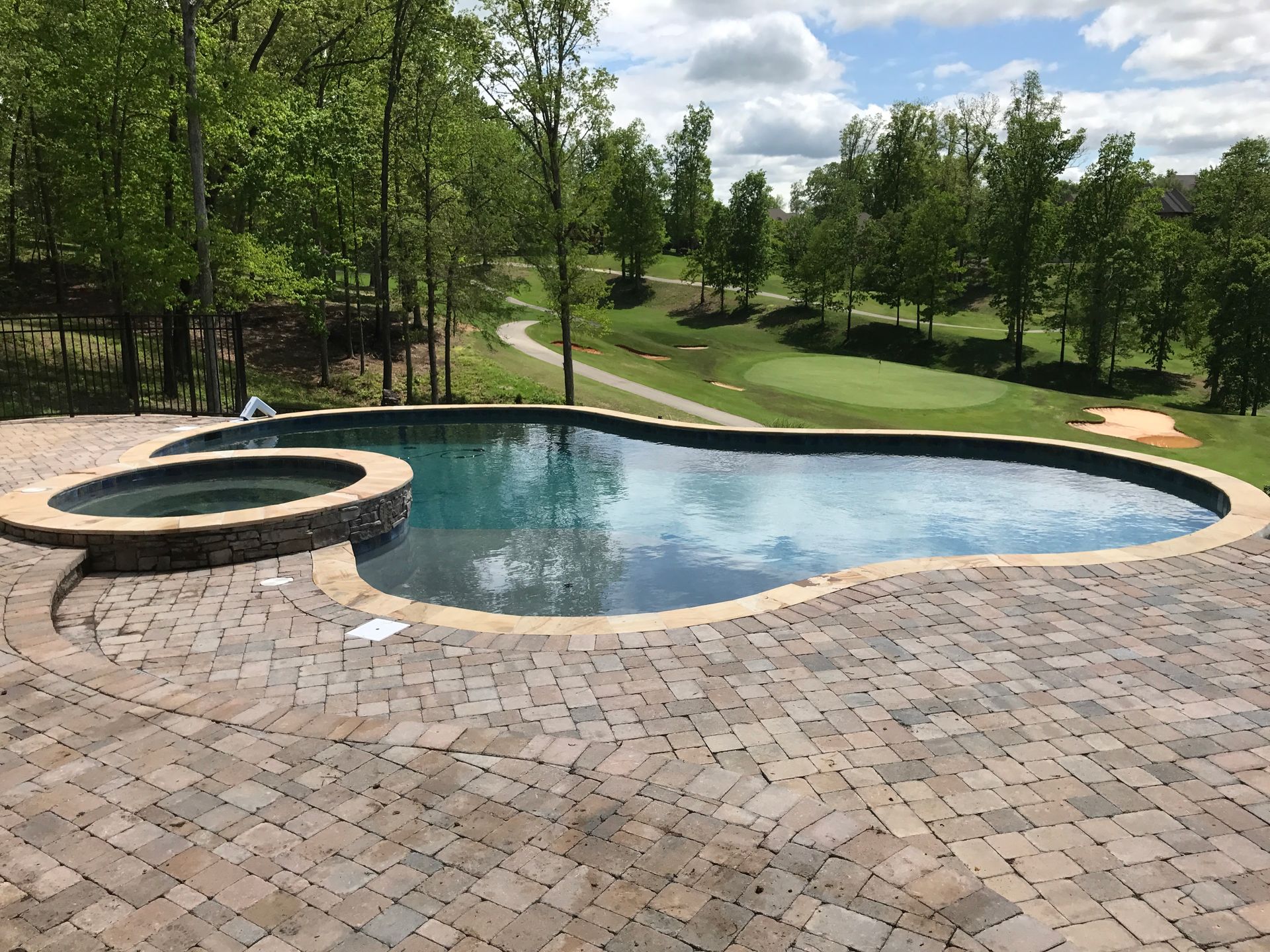 Curved backyard pool with a stone deck beside a golf course and trees under a partly cloudy sky