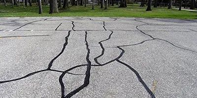 a cracked asphalt road in a park with trees in the background