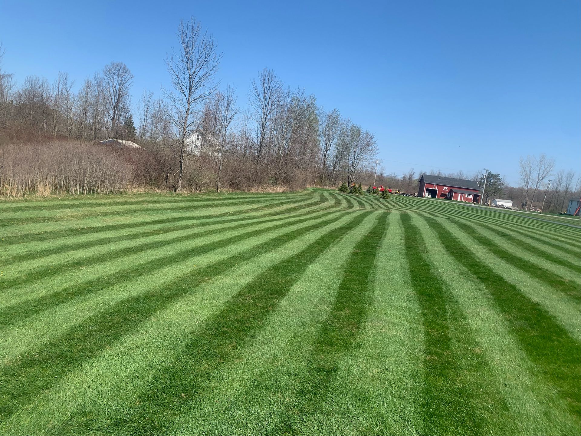 a lush green field of grass with a barn in the background