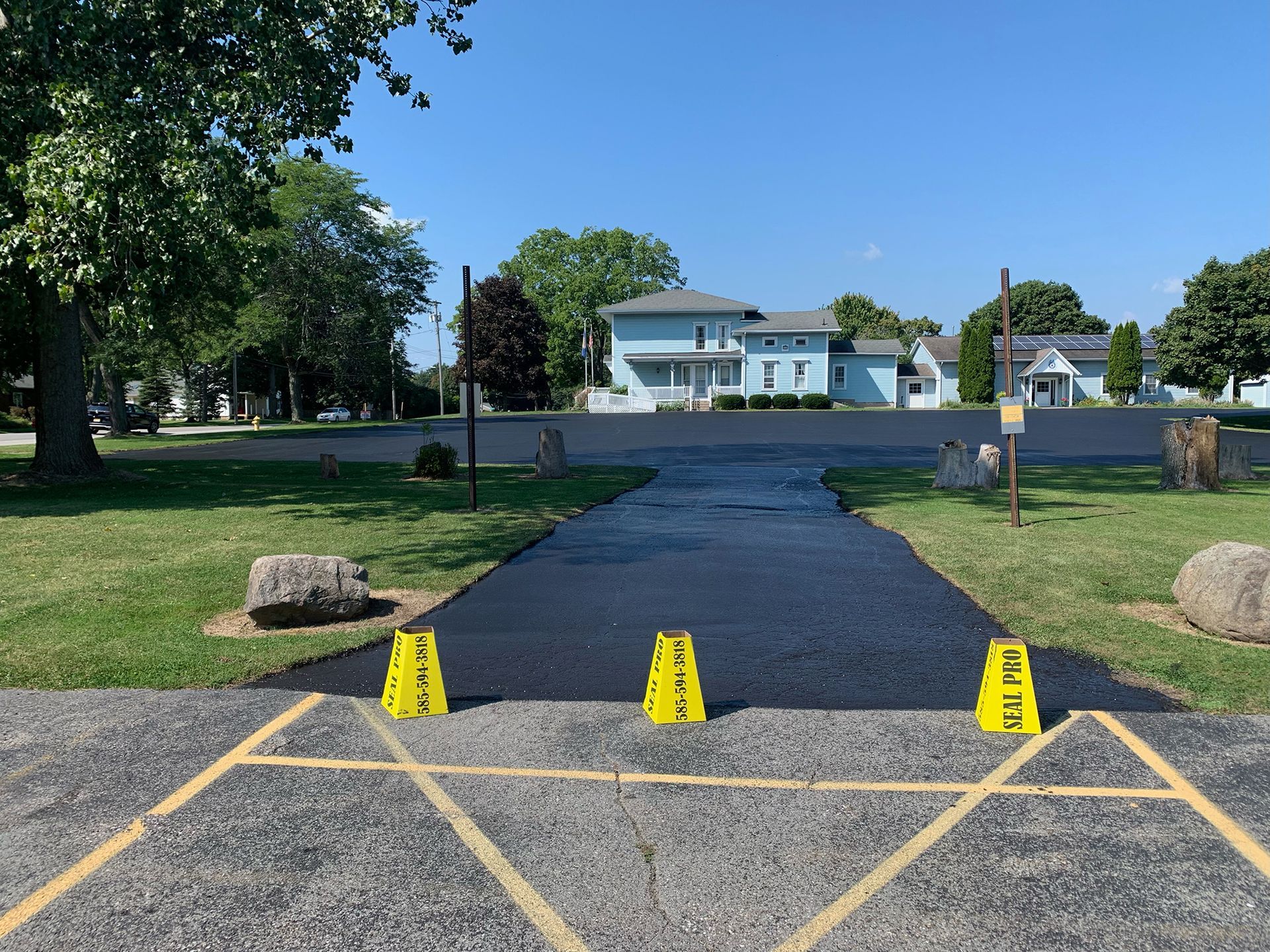 a row of yellow caution cones on the side of a road