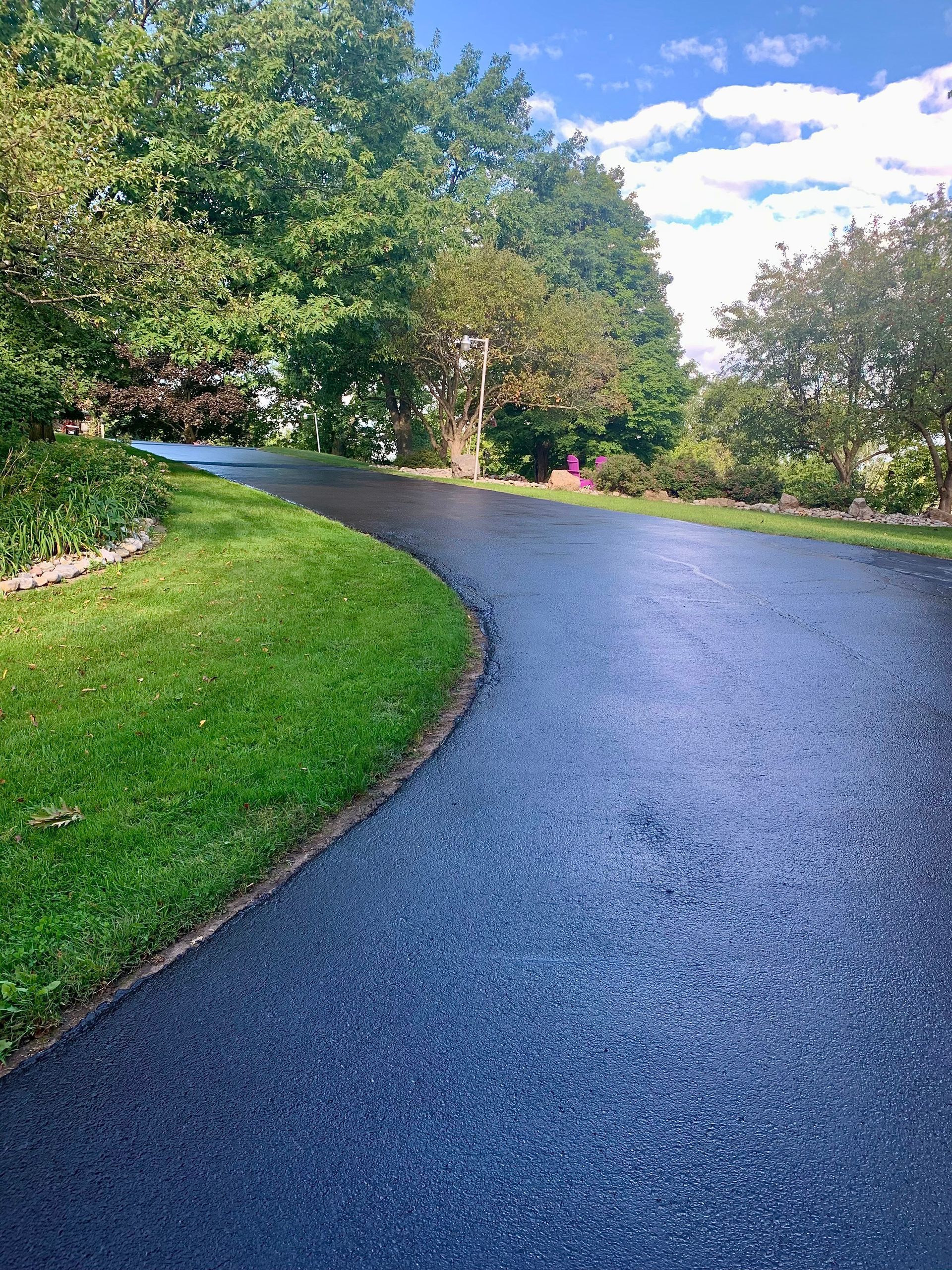 a curvy driveway surrounded by trees and grass on a sunny day