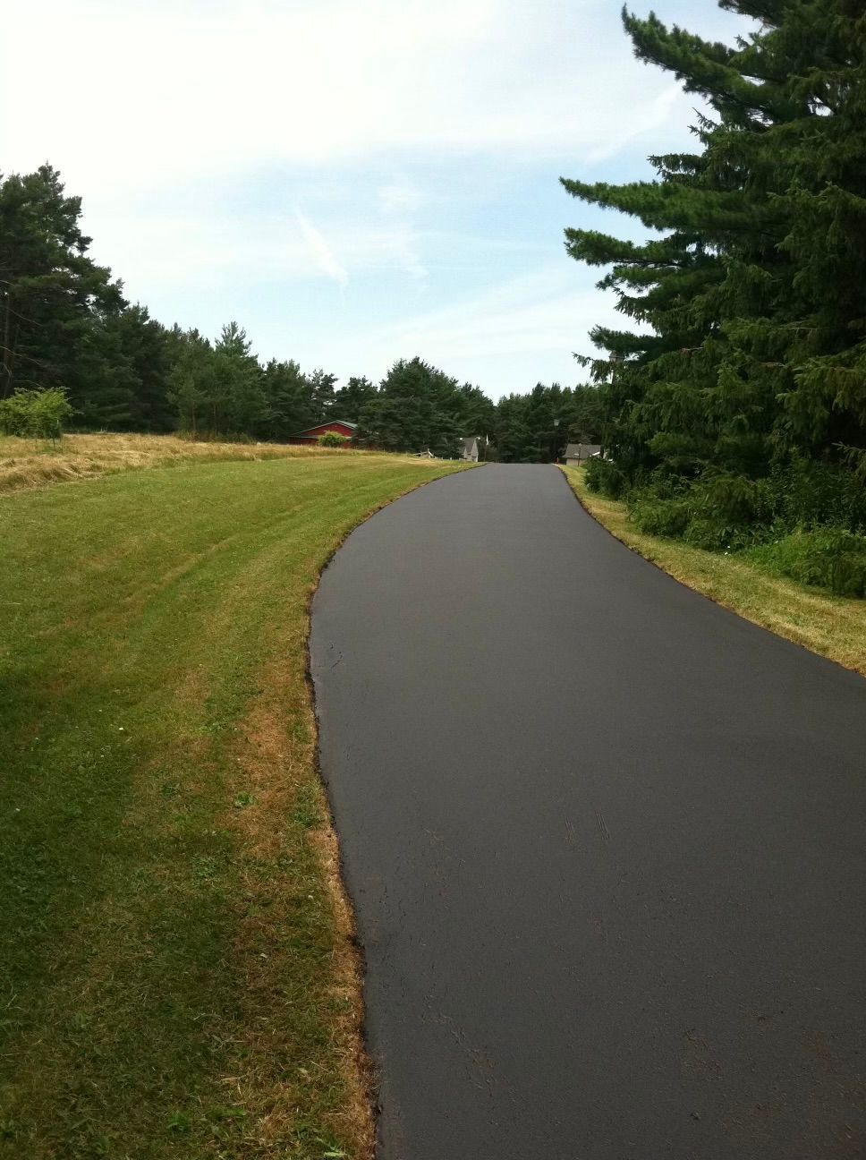 a road going through a grassy field with trees on both sides