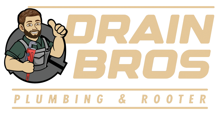 Logo for Drain Bros plumbing and rooter services: white text outlined in brown on a green background.