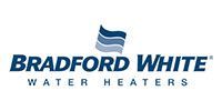 Bradford White Water Heaters logo with blue text and a waving flag symbol.