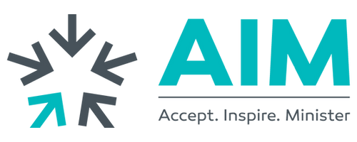 the aim logo is blue and black and says accept , inspire , minister .